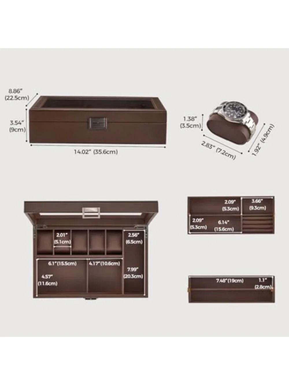 Men's Jewelry Box - 5-Slot Watch Display Case & Organizer for Rings, Sunglasses